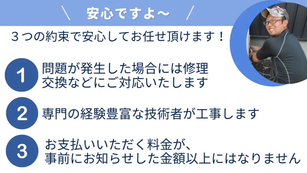 以下の3つの約束で安心してお任せいただけます。1. 発生した場合には修理交換などに迅速に対応します。2. 経験豊富な専門技術者が工事を行います。3. 事前にお知らせした金額以上の料金はかかりません。